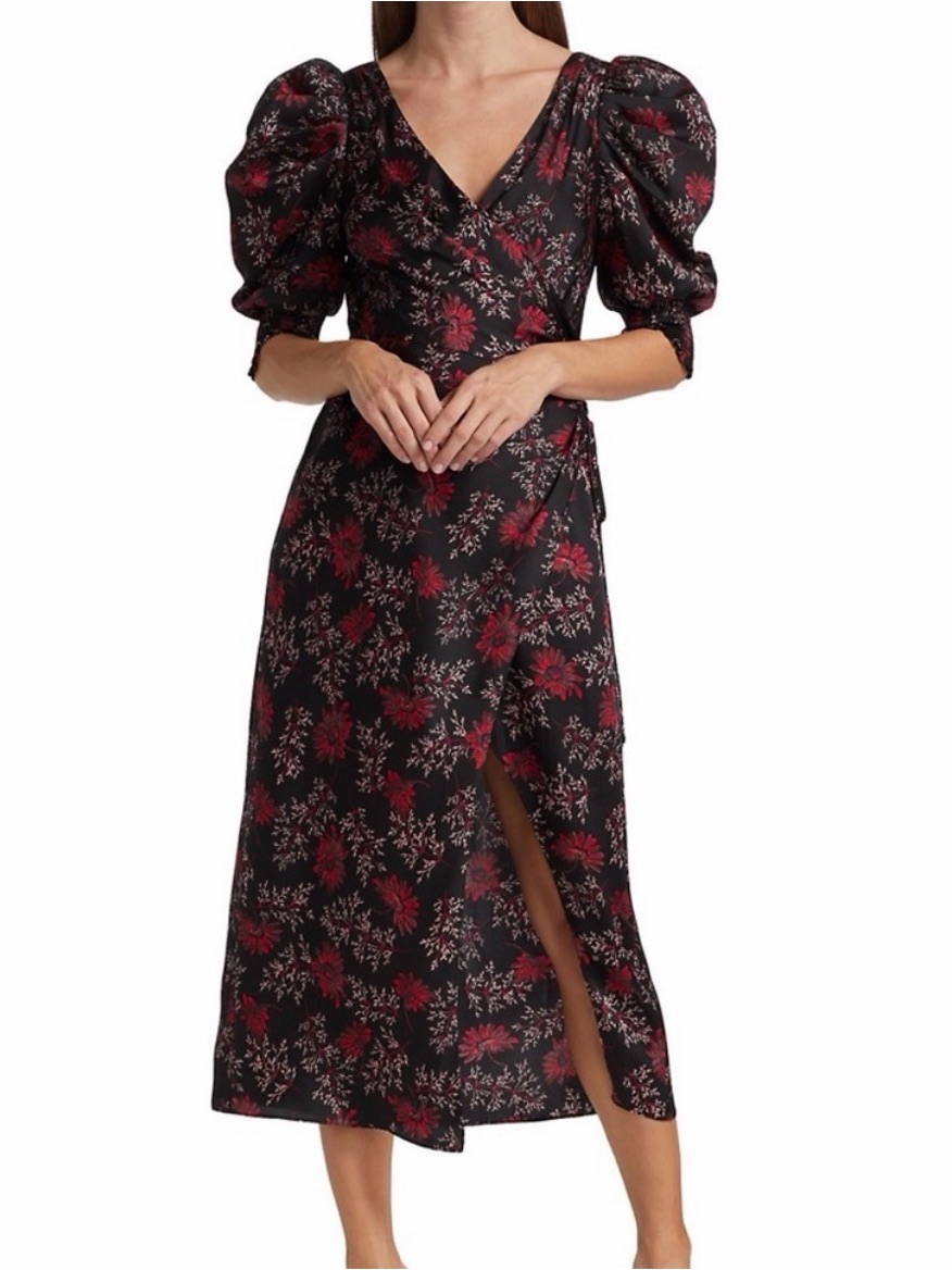 Cinq A Sept Black Midi Dress With Red Floral Print